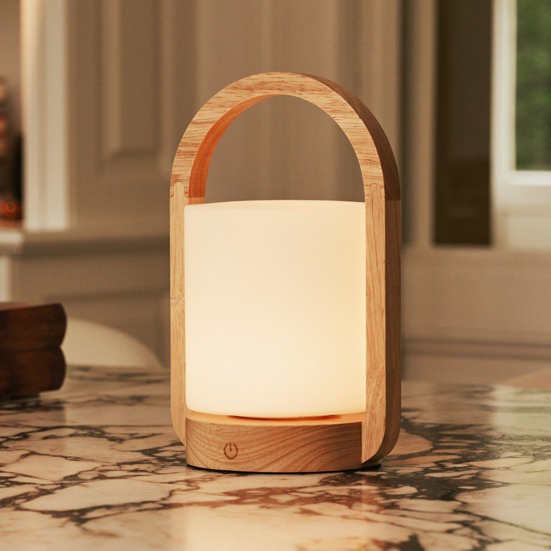 George Light Brown Wooden Lamp – Rechargeable Frosted Glass Design - CozyVibe.eu
